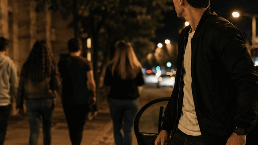 Homem de jaqueta preta ao lado de carro com a porta aberta olha para duas pessoas na calçada.