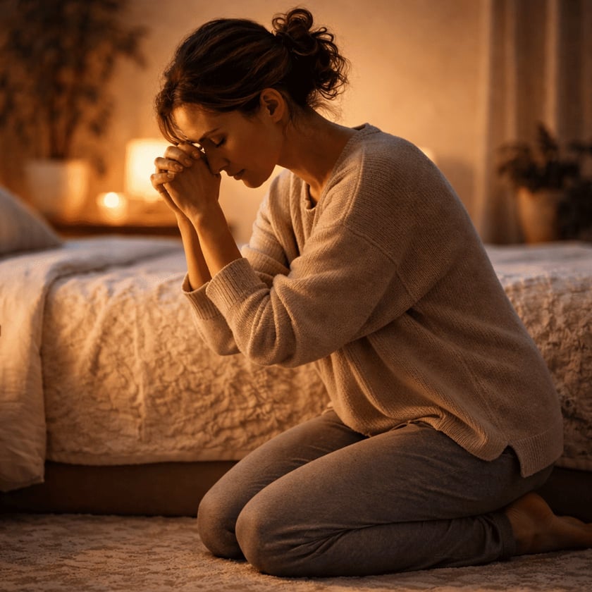 Mulher ajoelhada ao lado da cama, de olhos fechados e mãos unidas junto à testa.