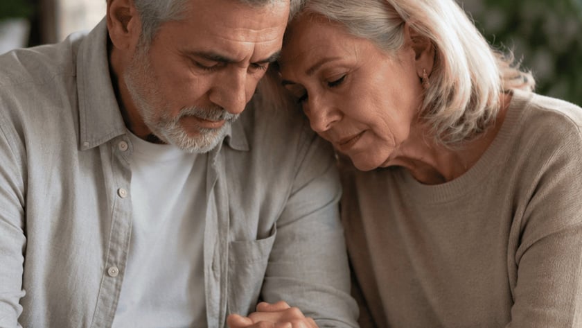 Homem e mulher de meia-idade sentados no sofá, de mãos dadas, com as cabeças encostadas.
