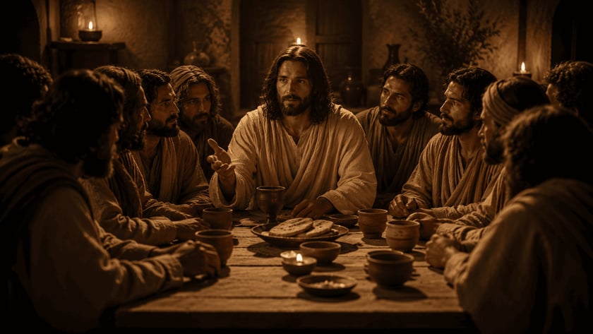 Homens de túnica sentados ao redor de uma mesa de madeira com pães e taças, à luz de velas.