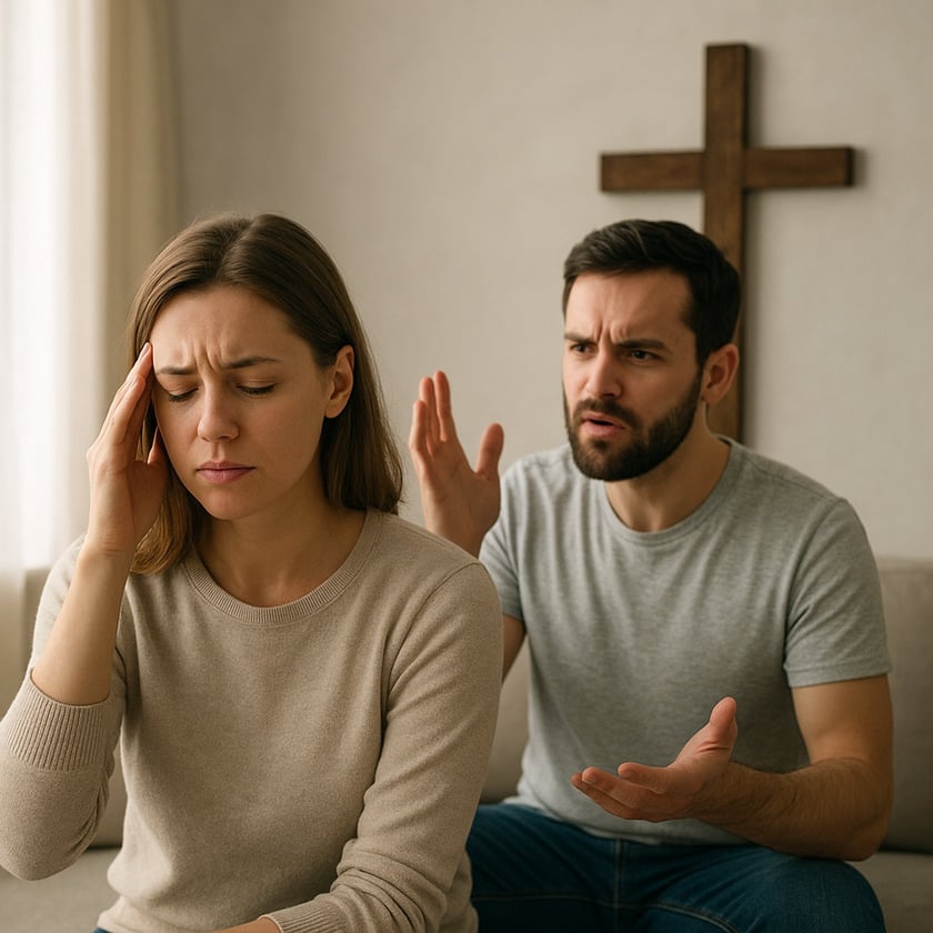 Mulher com a mão na testa e homem gesticulando atrás dela, em sofá, diante de uma cruz.