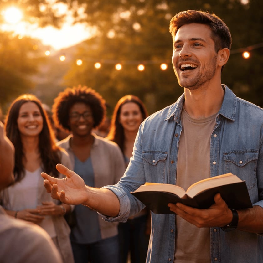 Homem sorridente segura um livro aberto e estende a mão diante de pessoas ao ar livre.