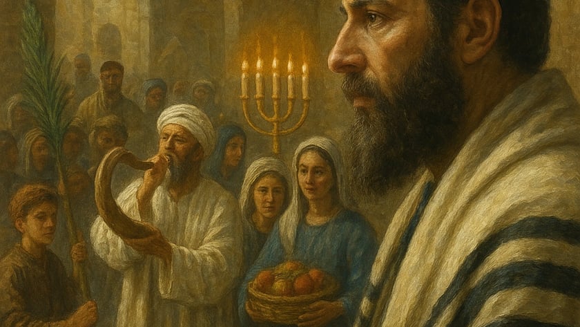 Homem de barba com xale de oração observa homem tocando shofar, mulheres e menino com palma.