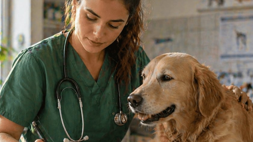 Veterinária de jaleco verde escreve em caderno ao lado de um cão sobre a mesa.