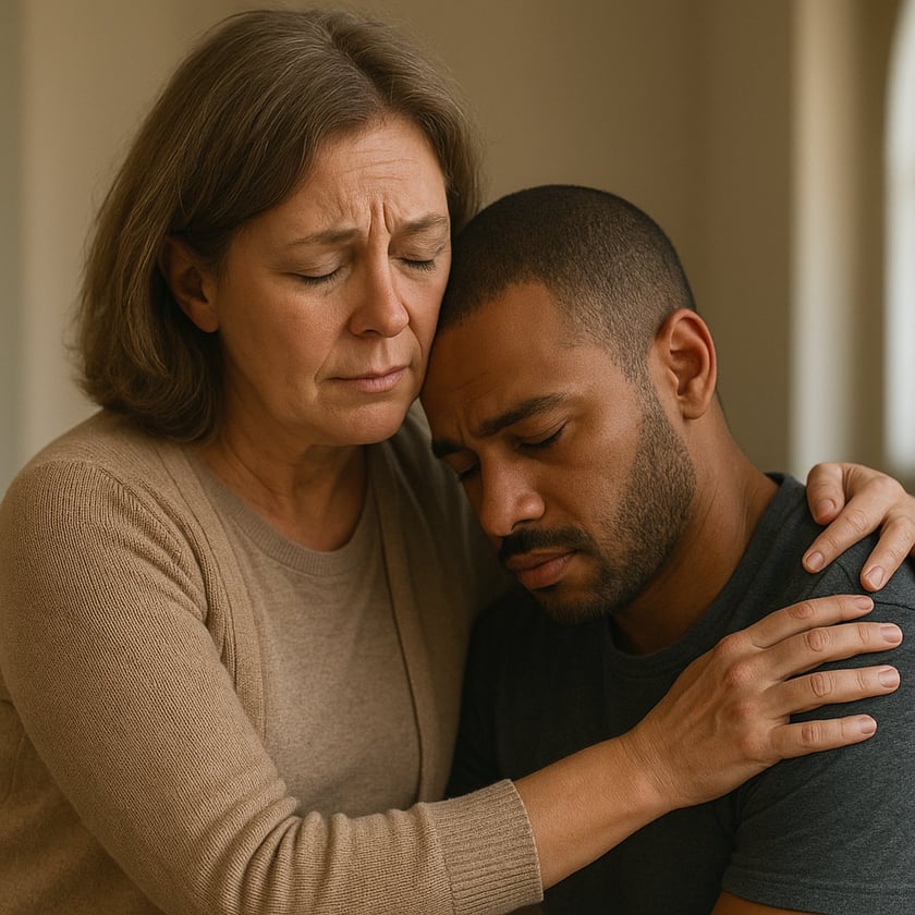 Mulher de meia-idade abraça um homem de barba curta, que apoia a cabeça nela.