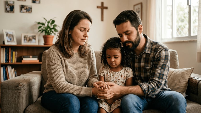 Mulher, homem e menina sentados no sofá, de olhos fechados, com as mãos unidas.