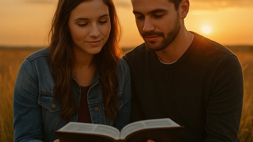 Homem e mulher sentados lado a lado em um campo, lendo juntos um livro aberto.
