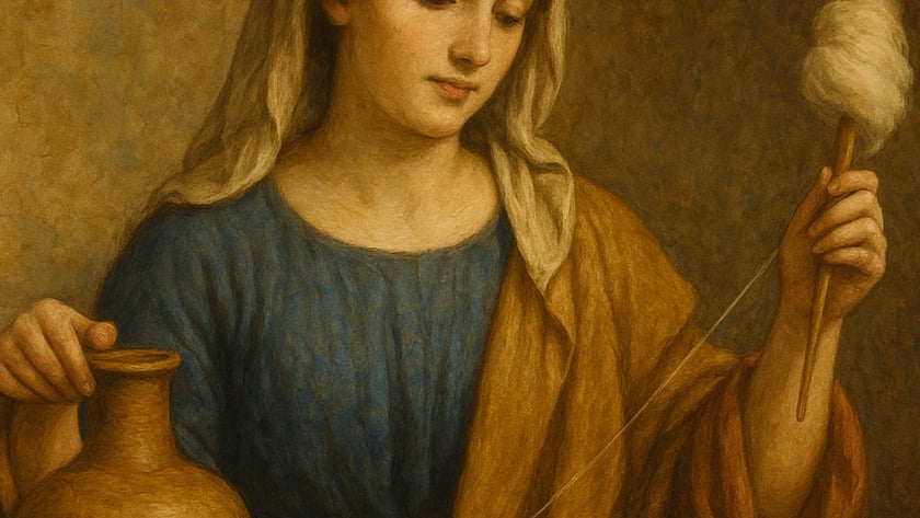 Mulher de manto claro na cabeça fia lã com um fuso, ao lado de uma jarra.