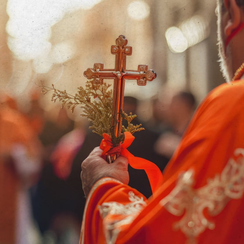 Religioso de vestes laranja segura uma cruz dourada com ramos e fita, diante de uma multidão.