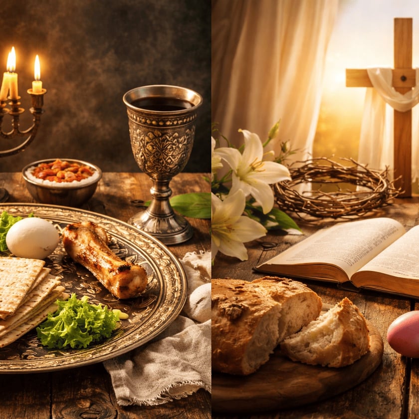 Mesa de Pessach com matzá e cálice, ao lado de cruz, lírios, Bíblia e pão.