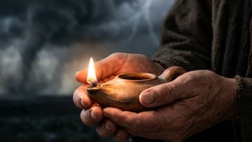 Mãos de um homem seguram uma lamparina de barro acesa diante de um tornado.