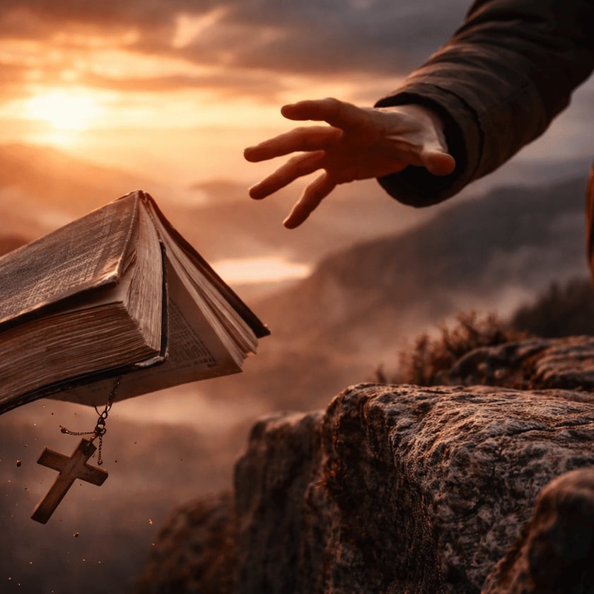 Mão estendida em direção a uma Bíblia com crucifixo caindo de um penhasco ao pôr do sol.