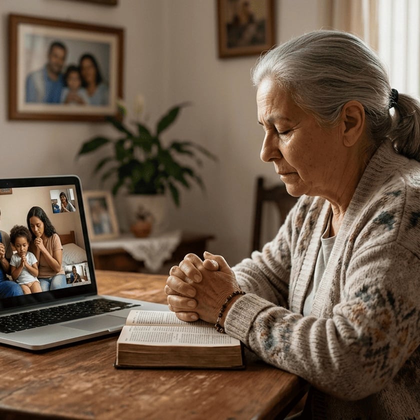 Idosa de mãos postas sobre uma Bíblia reza diante de um notebook com videochamada de família.
