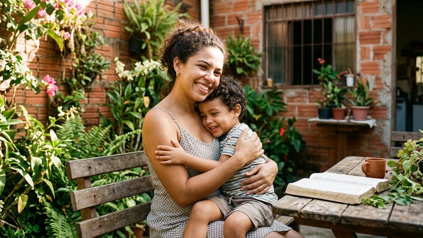 Mulher sorridente abraça um menino pequeno em um banco, em um quintal com plantas.