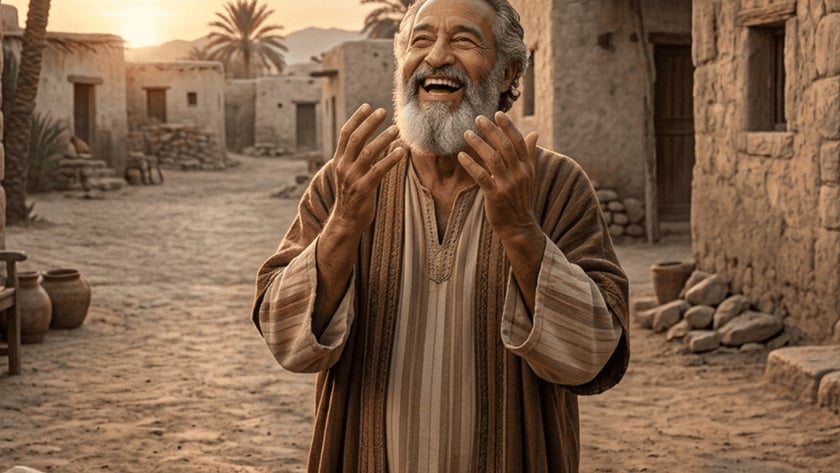 Homem idoso de barba grisalha ri com as mãos erguidas numa aldeia de casas de barro.
