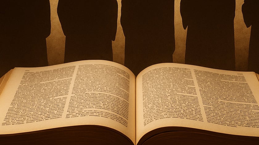 Cinco silhuetas escuras de pessoas em túnicas atrás de um grande livro aberto sobre uma mesa.