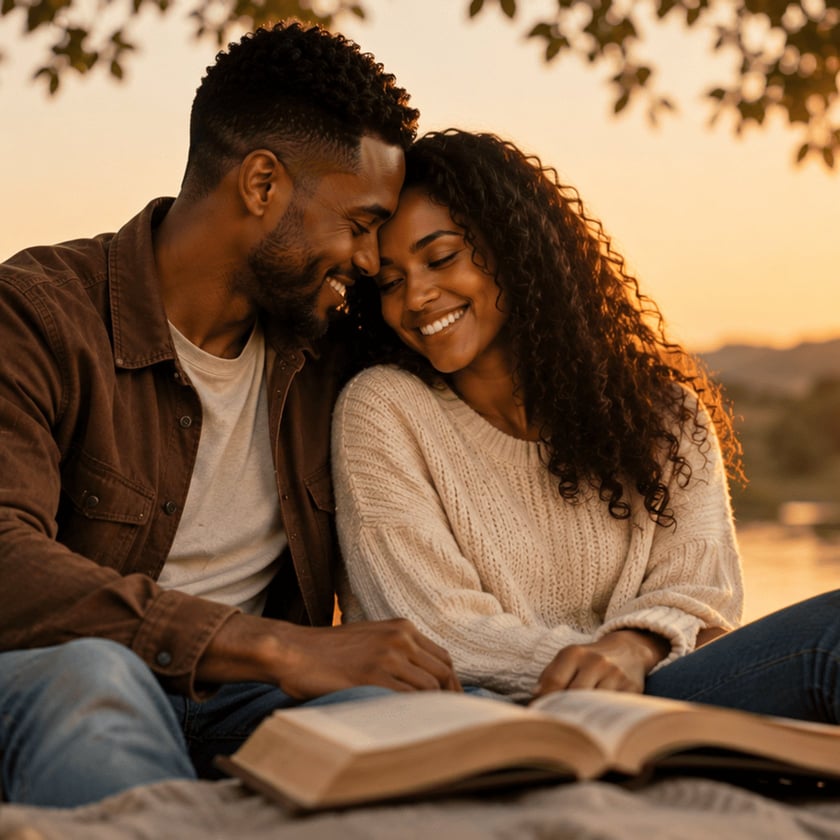 Casal sorridente sentado em uma manta, com um livro aberto, junto a um lago.
