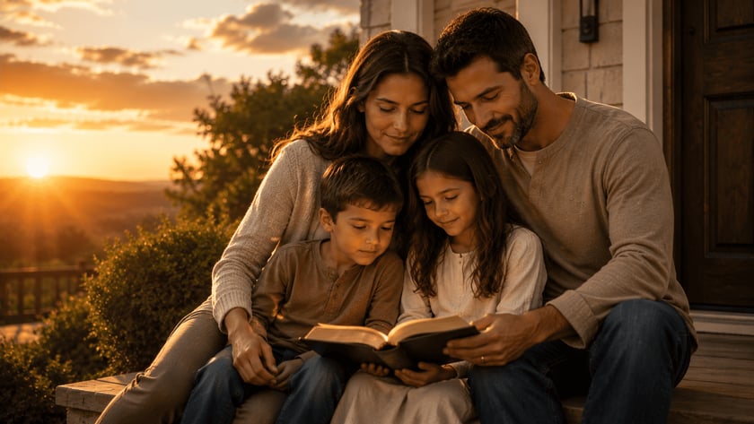 Família com dois filhos lê um livro junto, sentada ao ar livre ao pôr do sol.