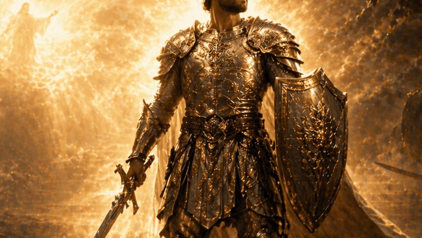 Guerreiro de armadura dourada segura espada e escudo
