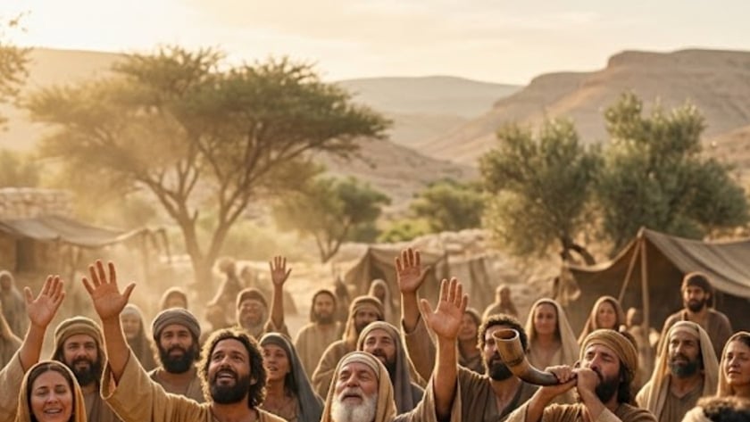 Multidão em trajes antigos canta e ergue as mãos, com harpa e chifre, em acampamento no deserto.