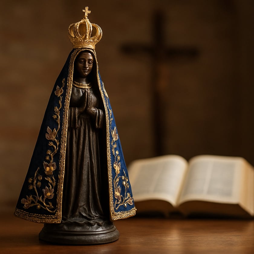 Estatueta de santa com coroa dourada e manto azul bordado, diante de uma Bíblia aberta.