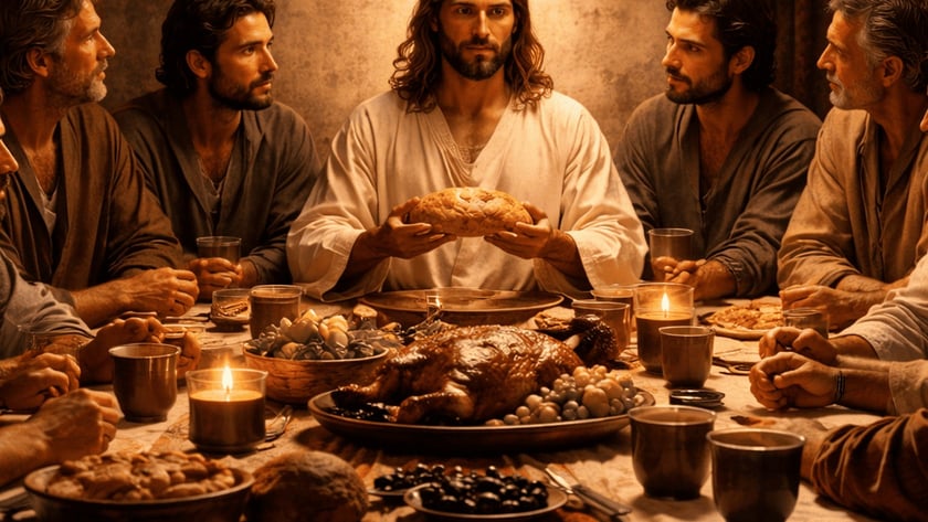 Homem de túnica branca segura um pão à mesa, cercado por seis homens e comida.