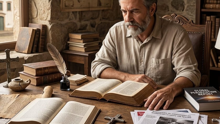Homem barbudo lê livro à mesa com pergaminhos, crucifixos e mapas, perto de janela com igreja.