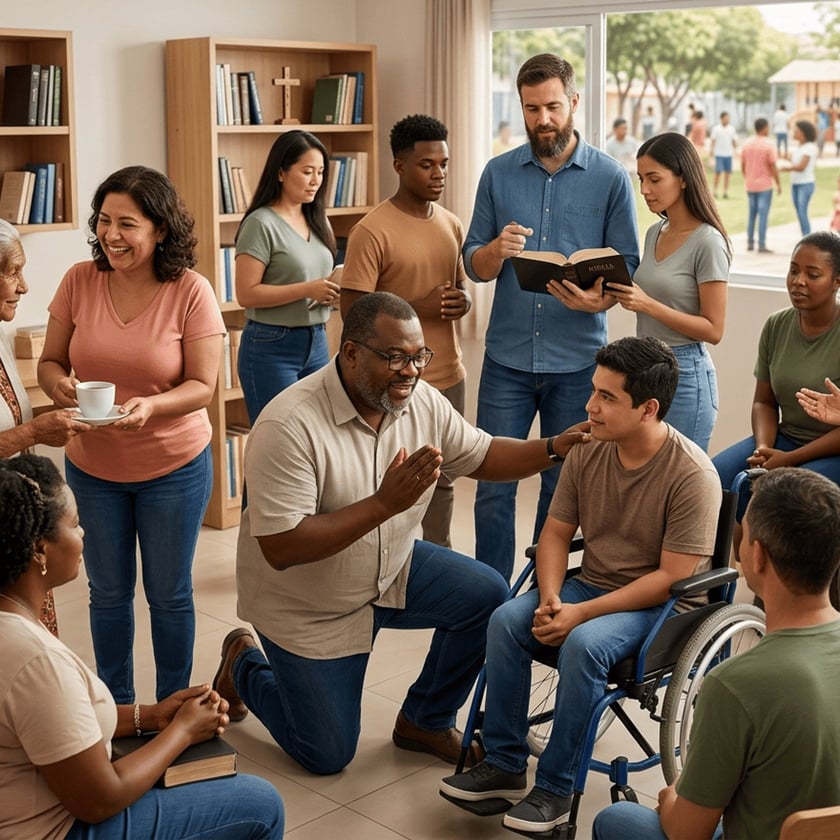 Grupo diverso conversa e ora numa sala com estantes; um homem ajoelha ao lado de cadeirante.