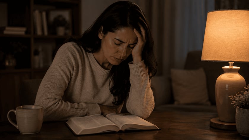 Mulher de cabelos escuros, com a mão na cabeça e olhos fechados, diante de um livro aberto.