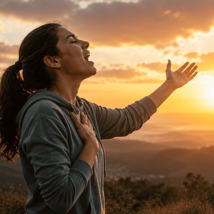 Mulher de capuz e rabo de cavalo, de olhos fechados, canta com a mão no peito ao pôr do sol.