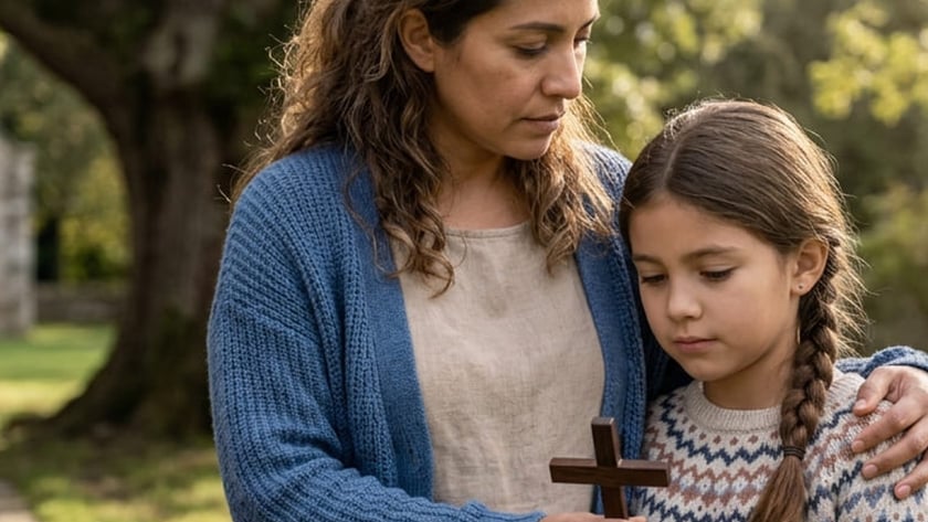 Mulher de casaco azul segura uma cruz de madeira ao lado de uma jovem