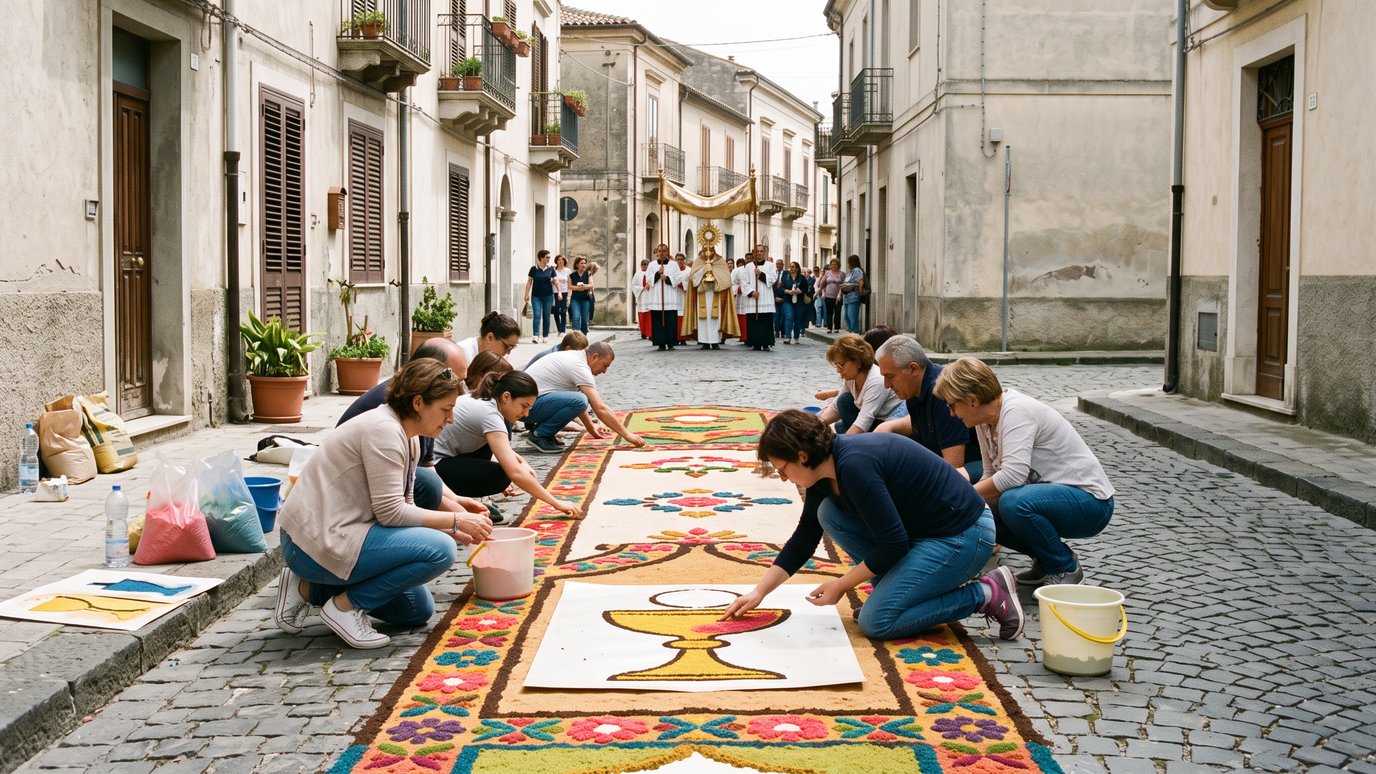 Pessoas ajoelhadas montam tapete de flores coloridas na rua enquanto procissão se aproxima.