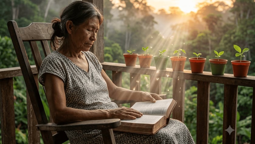 Mulher idosa lê um livro numa varanda de madeira, com vasos de mudas ao lado.
