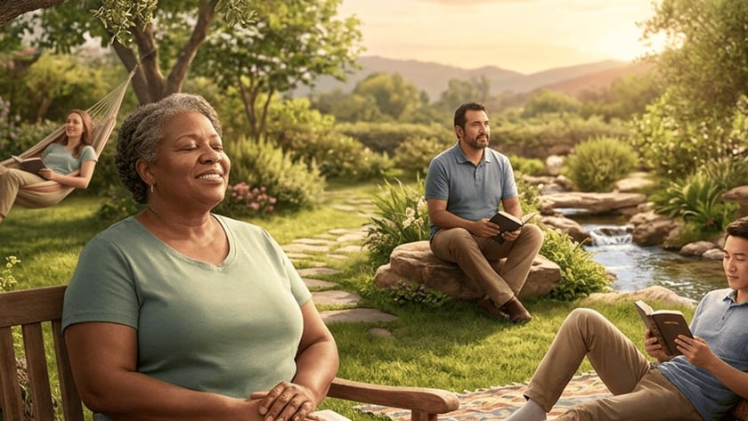 Três pessoas leem a Bíblia ao ar livre, em um jardim com riacho.