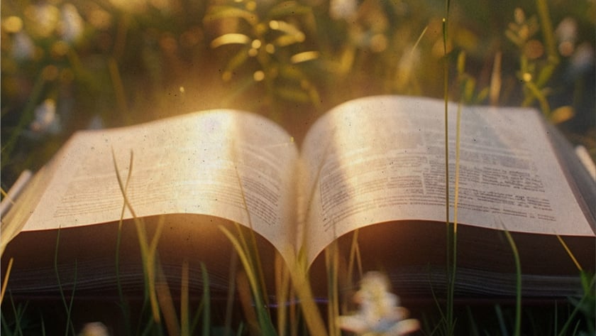 Livro aberto sobre a grama, entre pequenas flores brancas em um campo.