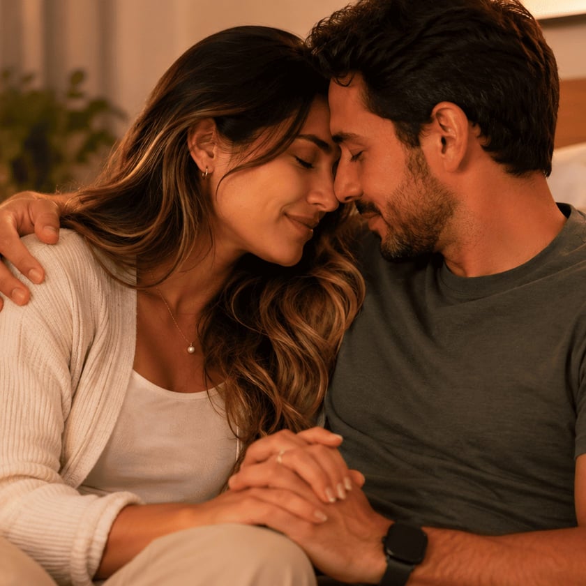Casal sentado no sofá, de testas encostadas e mãos entrelaçadas, em ambiente aconchegante.