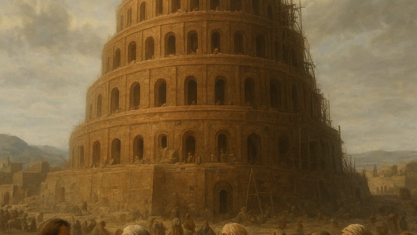 Homens conversando e gesticulando diante de uma enorme torre em espiral com andaimes