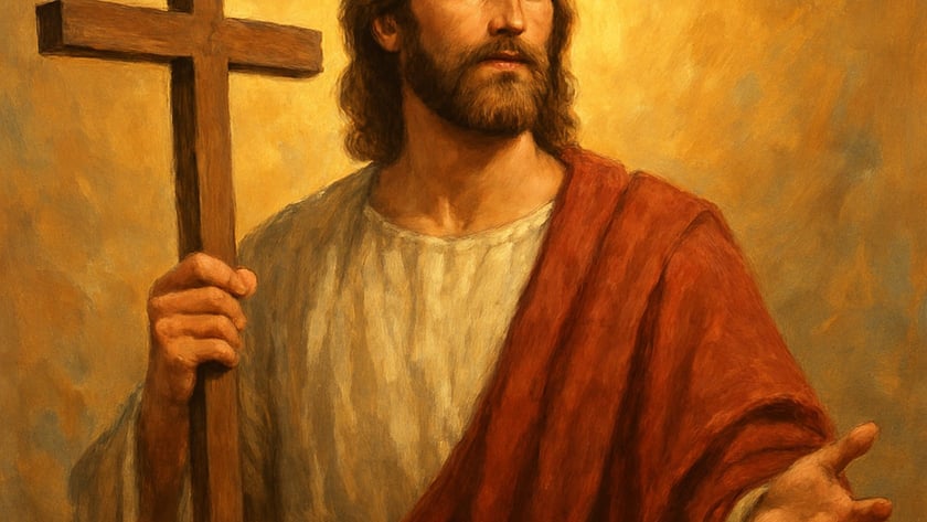Homem de cabelo comprido e barba segura uma cruz de madeira e estende a mão.
