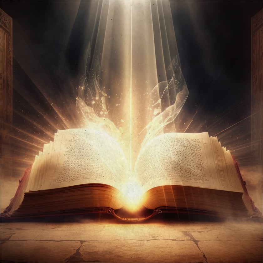 Livro grande aberto sobre piso de pedra, com feixe de luz saindo das páginas.