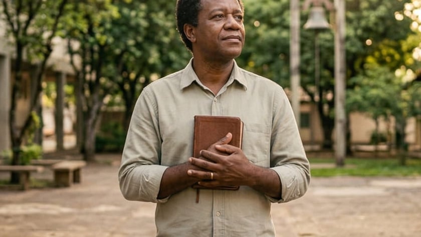 Homem de camisa clara segura um livro marrom em um pátio com árvores e prédio de tijolos.