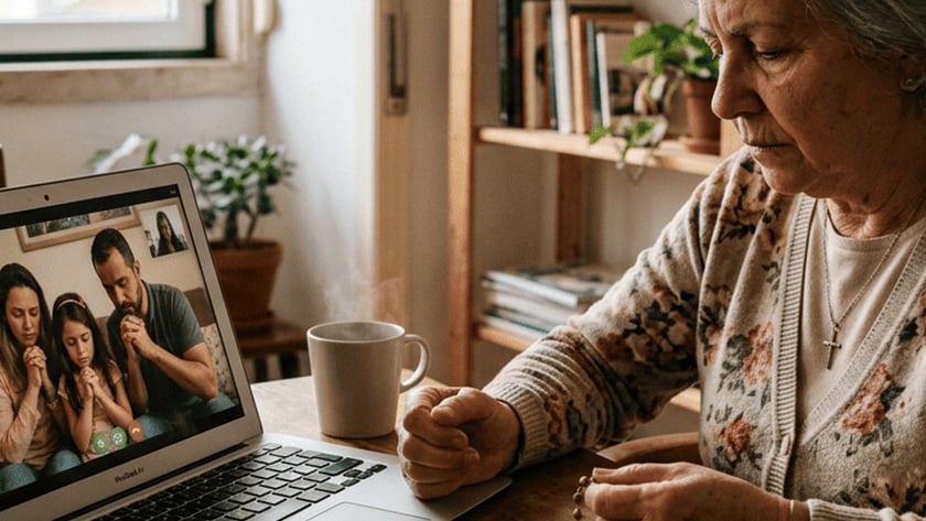 Idosa segura um terço diante de um notebook que mostra uma família rezando.