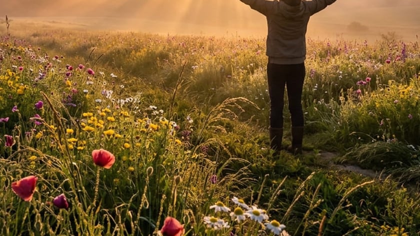 Pessoa de costas, com os braços abertos, em um campo de flores silvestres ao nascer do sol.