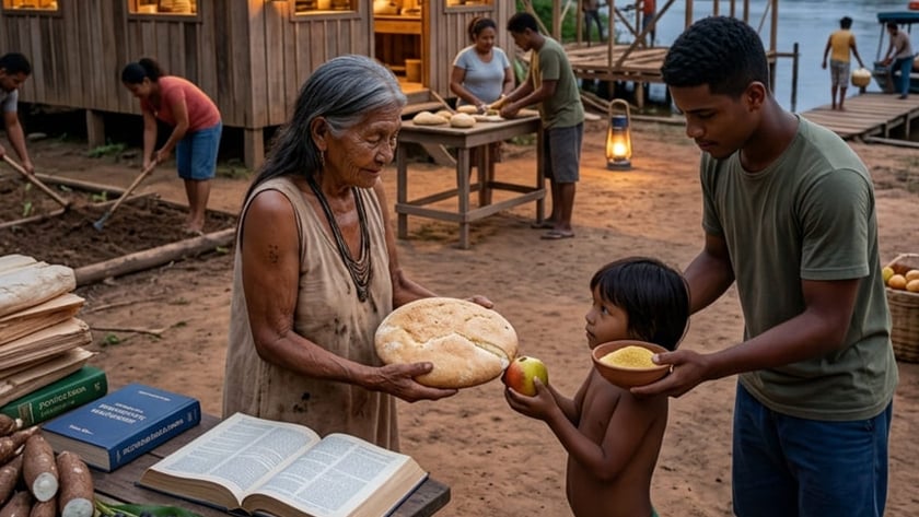 Idosa entrega pão a uma criança diante de casas de madeira à beira do rio.