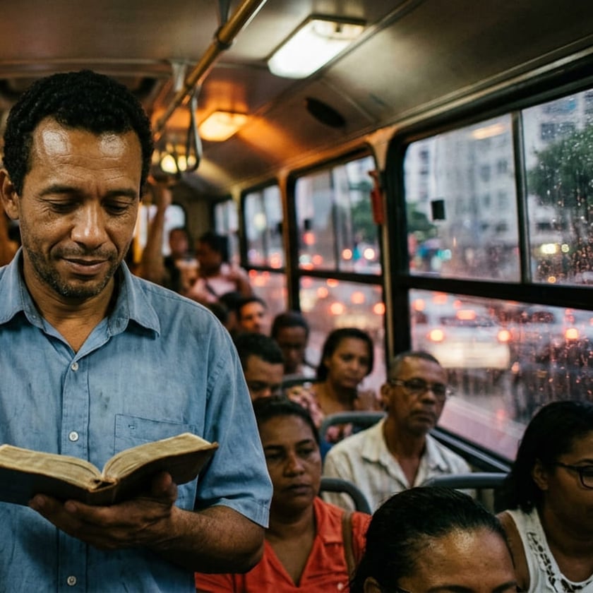 Homem de camisa azul lê um livro em pé dentro de um ônibus com passageiros sentados.