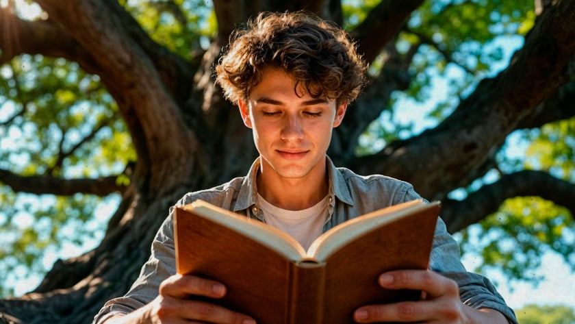 Jovem de cabelo castanho encaracolado lê um livro sentado sob uma grande árvore.