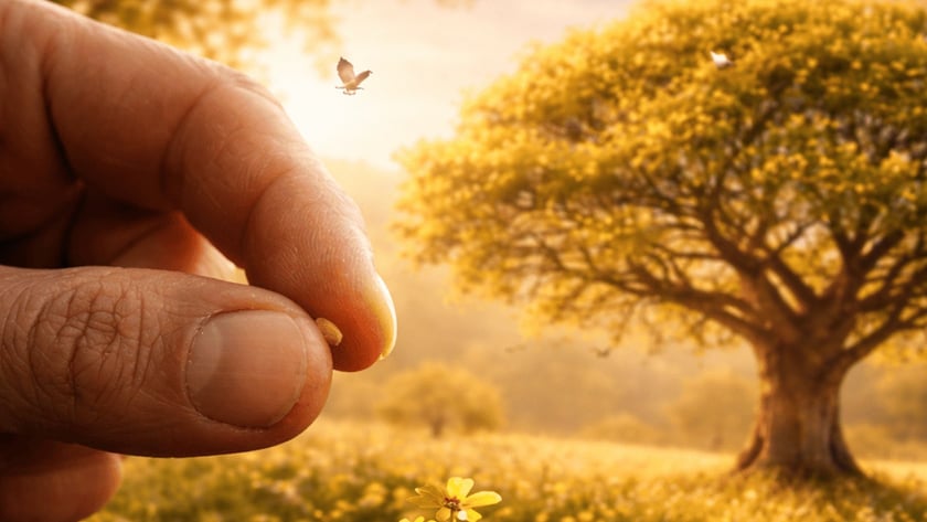 Mão segura uma semente sobre o solo, onde brota uma pequena planta com flores amarelas.