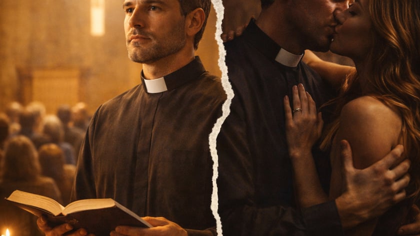 Padre segura um livro diante de fiéis; ao lado, beija uma mulher.