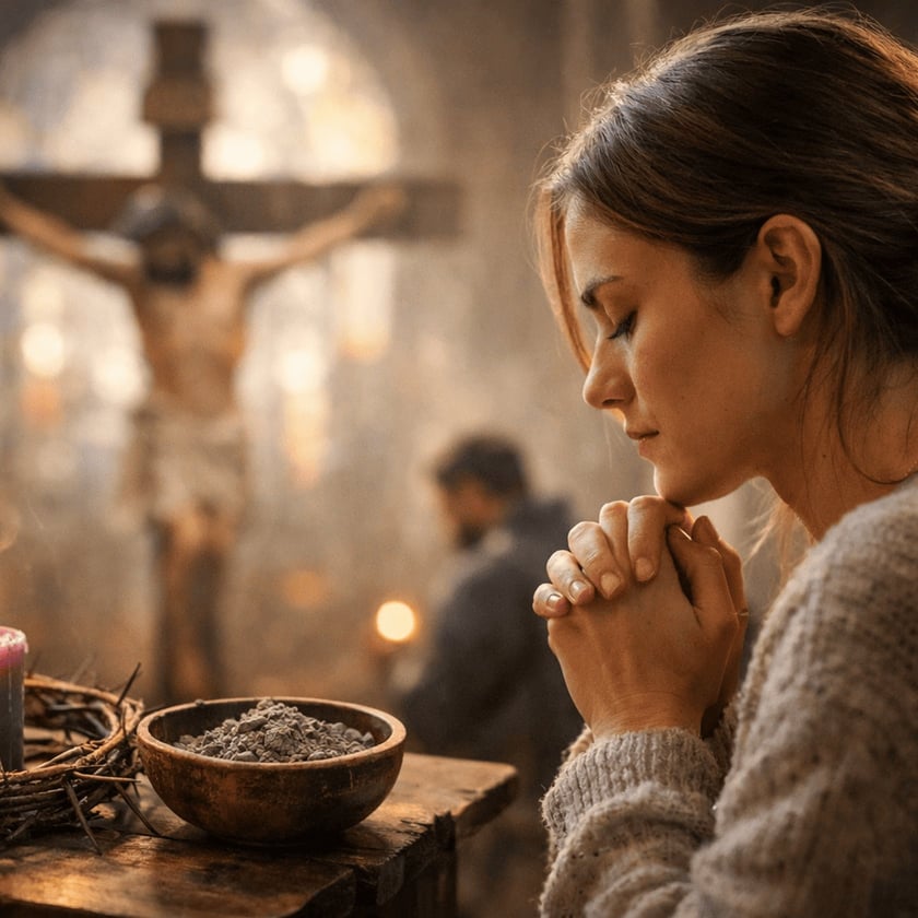 Mulher de olhos fechados e mãos juntas reza diante de um crucifixo