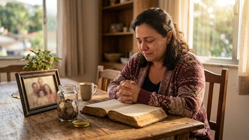 Mulher de cardigã chora com as mãos unidas sobre uma Bíblia aberta na mesa.