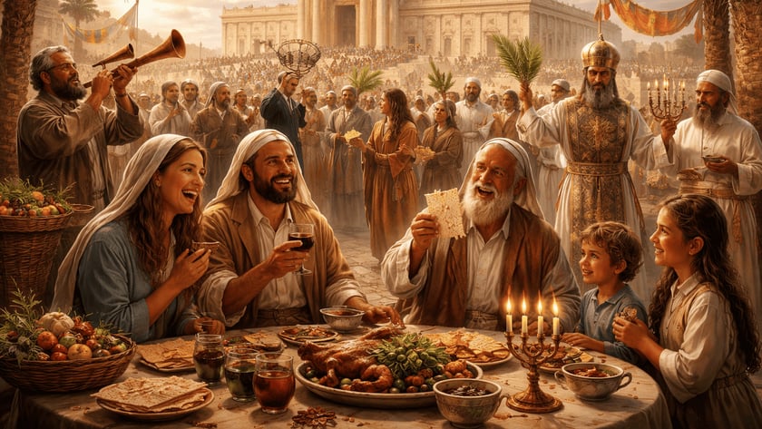 Família sorridente come à mesa com pão ázimo e vinho diante de um grande templo.